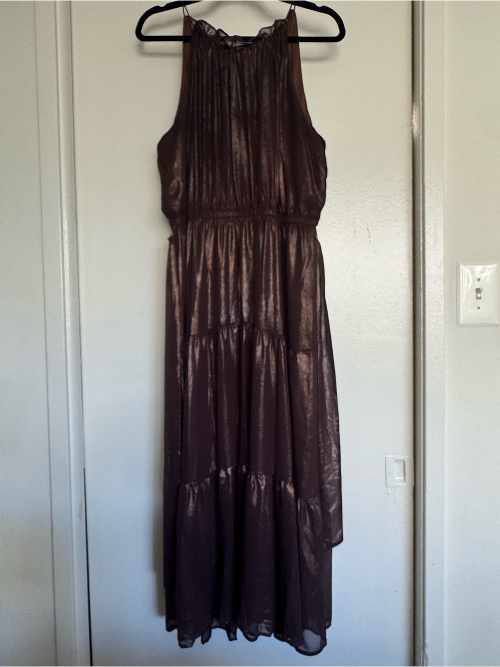 Simply Vera Vera Wang Brown Metallic Halter Tiered Maxi Dress